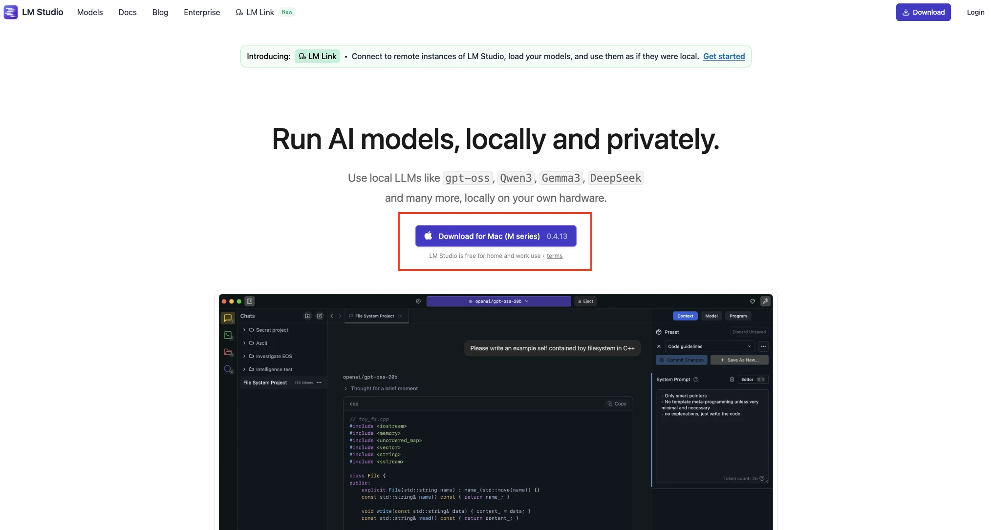 lmstudio.ai 首頁的下載按鈕會依當前 OS 顯示對應版本