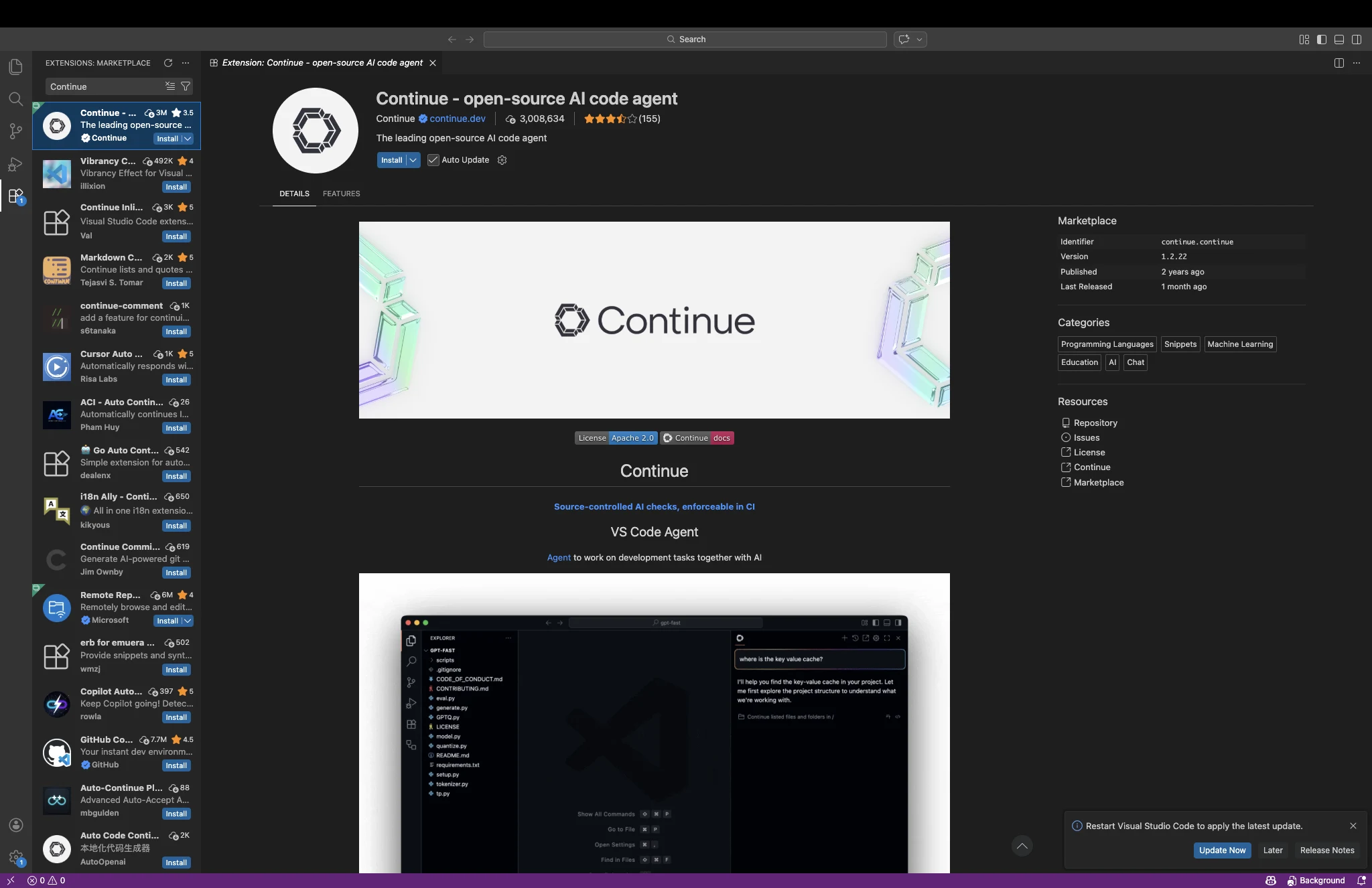 VSCode Extensions Marketplace 搜尋 Continue，第一個結果是 continue.dev 官方版本 (identifier continue.continue)