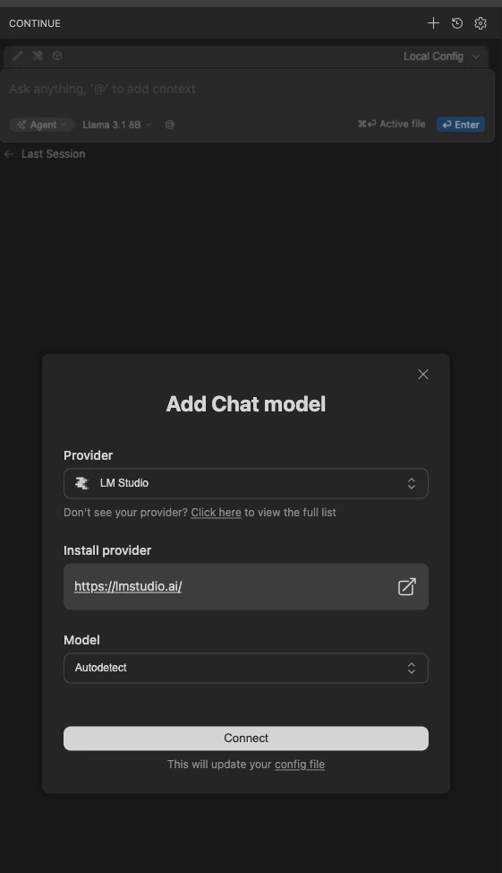 Continue 的 Add Chat model 對話框：Provider 選 LM Studio、Model 選 Autodetect、按 Connect